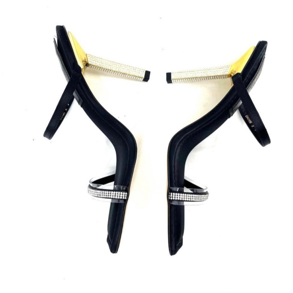 GOOD AMERICAN Open Square Toe Rhinestone Strappy Heels Black Satin Size 5.5 NIB‎ - Picture 5 of 10